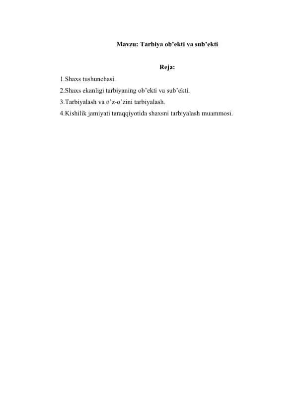 Tarbiya ob’ekti va sub’ekti