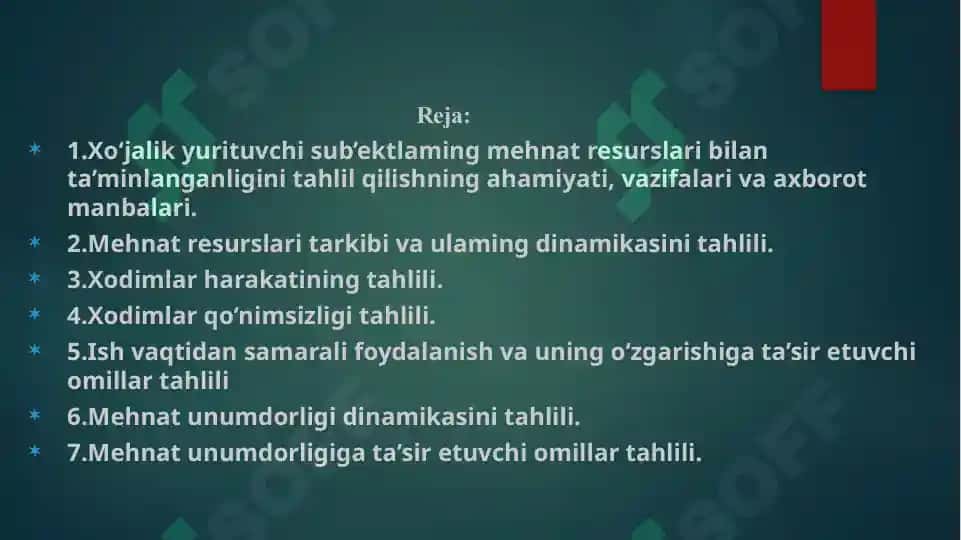 MAVZU: Mehnat resurslari bilan ta’minlanganlik va mehnat unumdorligi tahlili. 2