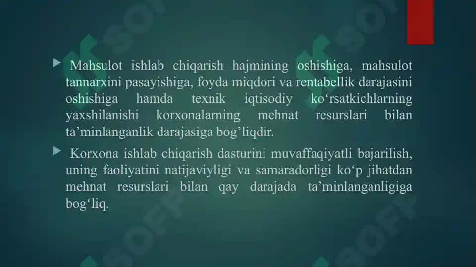 MAVZU: Mehnat resurslari bilan ta’minlanganlik va mehnat unumdorligi tahlili. 4