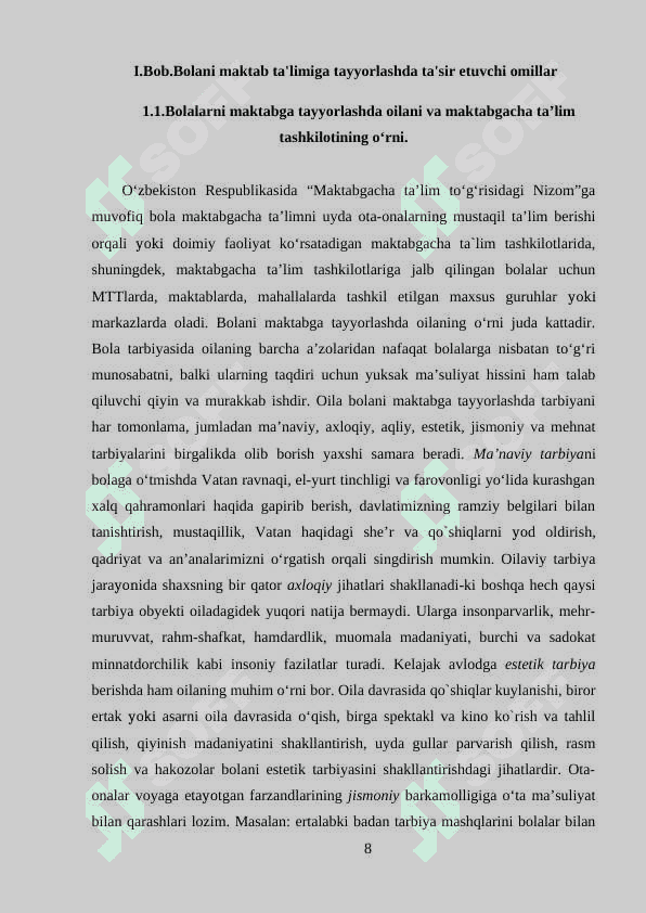 BOLANI MAKTAB TA'LIMIGA TAYYORLASHDA TA'SIR ETUVCHI OMILLAR 8