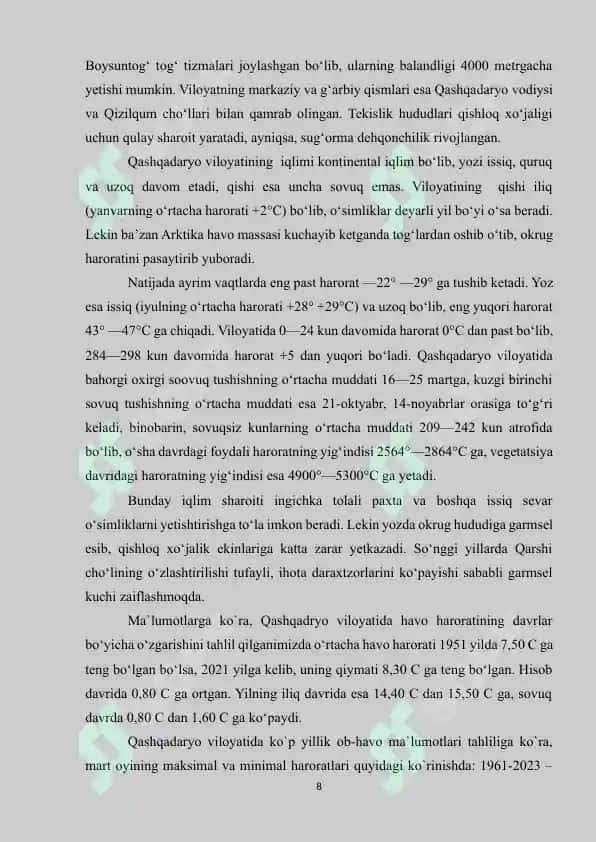 QASHQADARYO VILOYATINING TABIIY RESURSLARIDAN FOYDALANISH 8