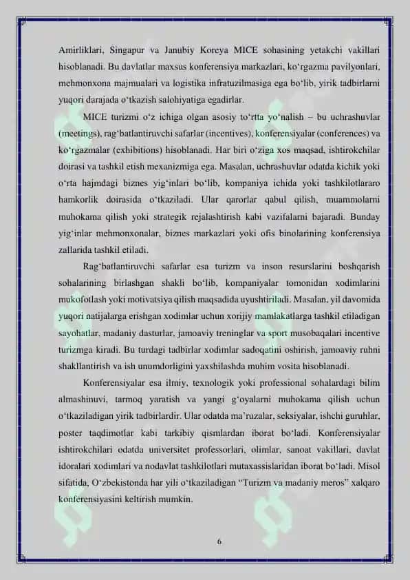 "MICE tadbirlarini tashkil etishning o ziga xos xususiyatlari" 6