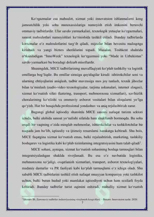 "MICE tadbirlarini tashkil etishning o ziga xos xususiyatlari" 7