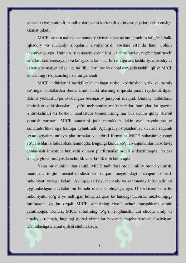 "MICE tadbirlarini tashkil etishning o ziga xos xususiyatlari" 8