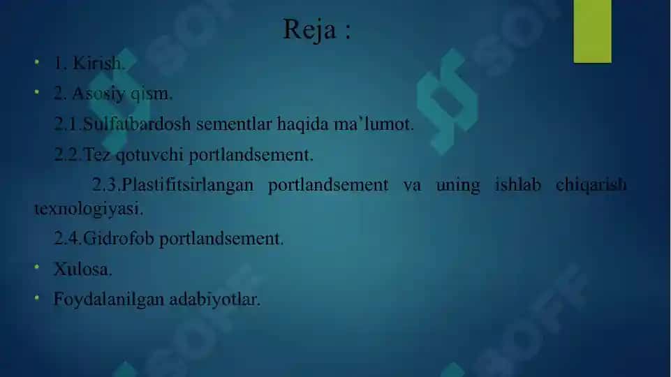 Sulfatbardosh, tez qotuvchan, plastifitsirlangan, gidrofob sementlar 2