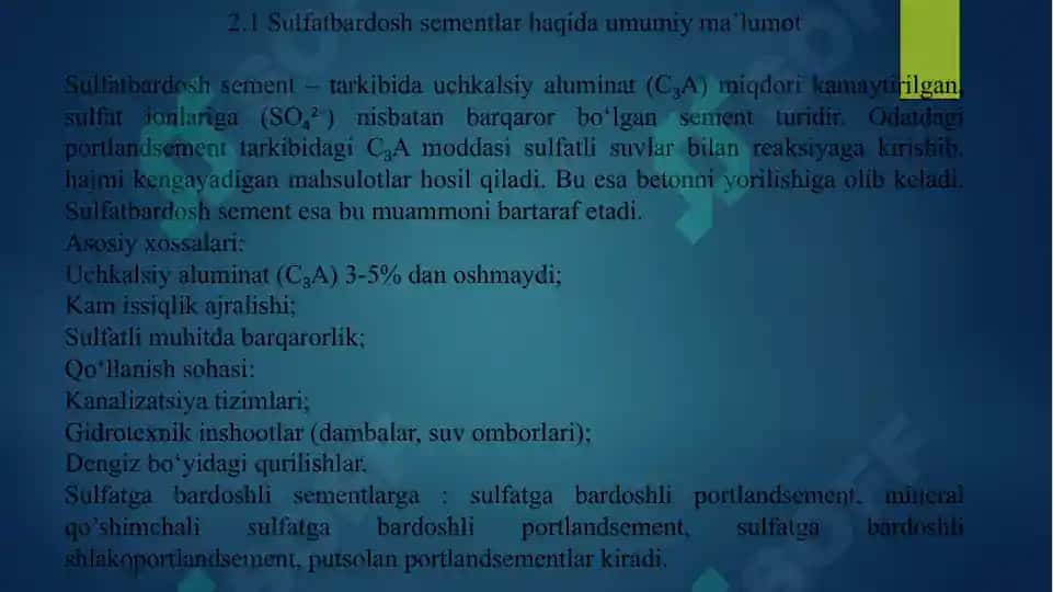 Sulfatbardosh, tez qotuvchan, plastifitsirlangan, gidrofob sementlar 4