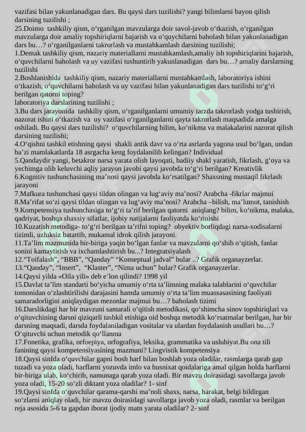 Boshlanģich ta'lim pedagogika fanidan test savollari javoblari bilan 3