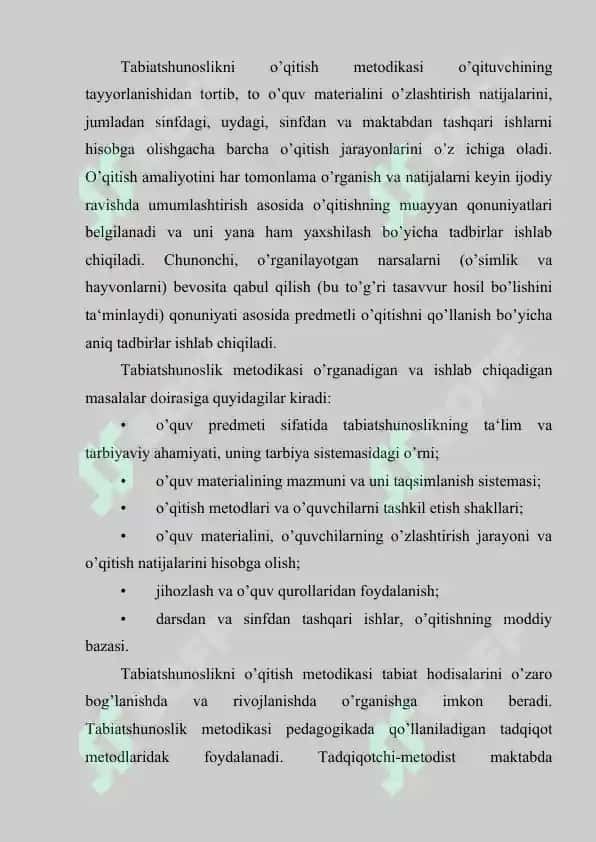 Tabiatshunoslikni  o’qitish  metodikasi  fanining predmeti, maqsadi va vazifalari 3