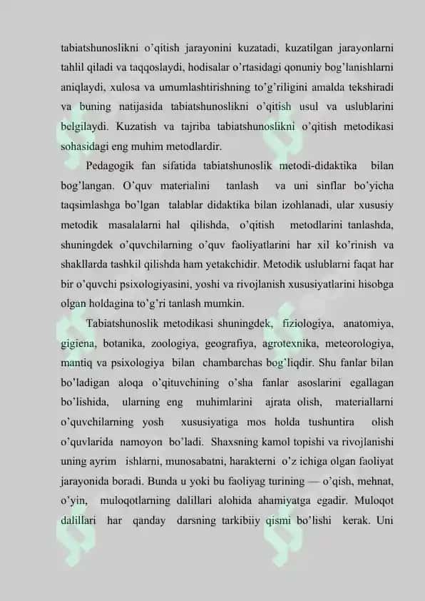 Tabiatshunoslikni  o’qitish  metodikasi  fanining predmeti, maqsadi va vazifalari 4