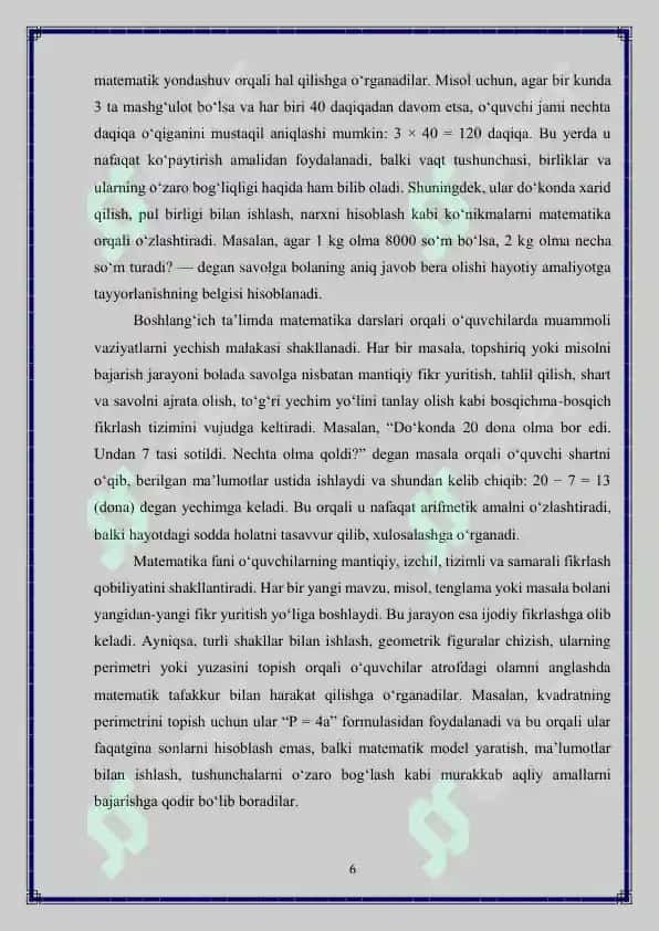 Boshlang‘ich sinf matematika darslarida sodda masalalar ustida ishlash metodikasi 6