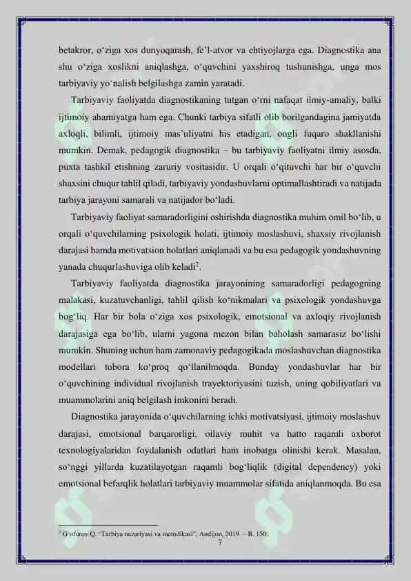 Tarbiyaviy faoliyatni tashkil etishda diagnostika va kerreksiya 7