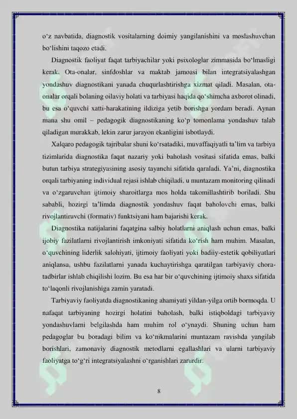 Tarbiyaviy faoliyatni tashkil etishda diagnostika va kerreksiya 8