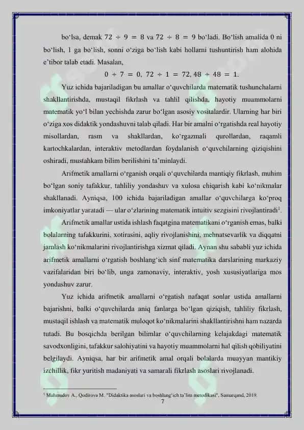 Yuz ichida arifmetik amallar ustida ishlash metodikasi 7