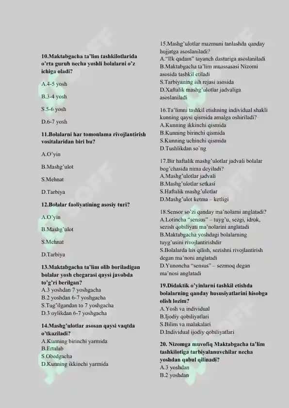 Elementar matematik tasavvurlarni shakllantirish fanidan test savollari 2