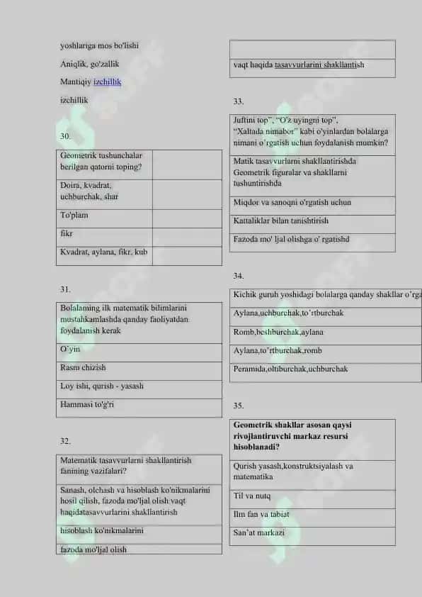 Elementar matematik tasavvurlarni shakllantirish fanidan test savollari 4