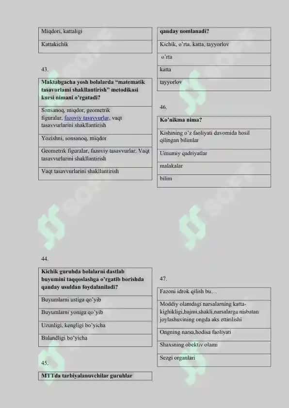 Elementar matematik tasavvurlarni shakllantirish fanidan test savollari 6
