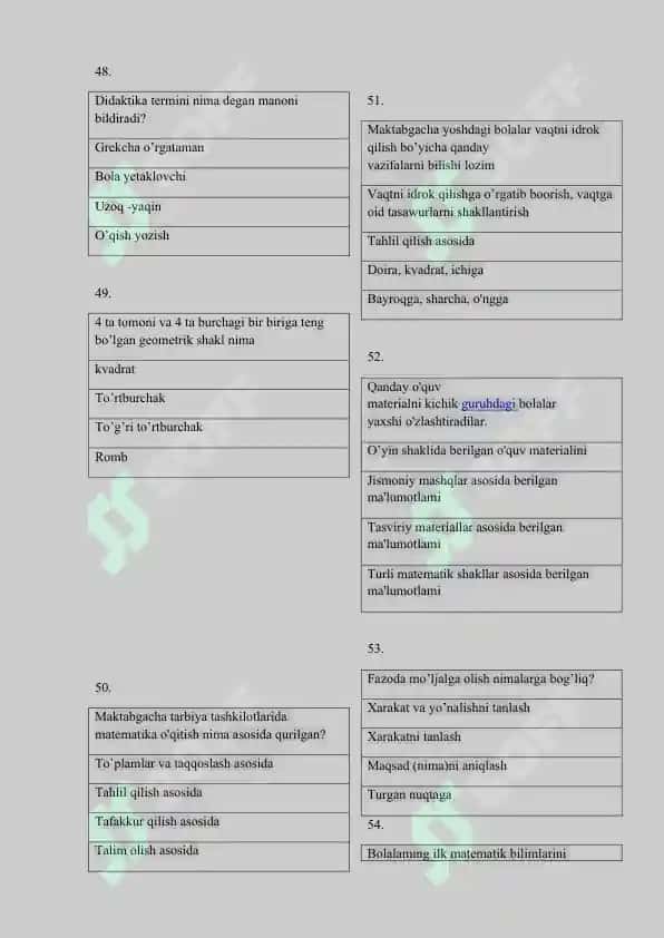 Elementar matematik tasavvurlarni shakllantirish fanidan test savollari 7