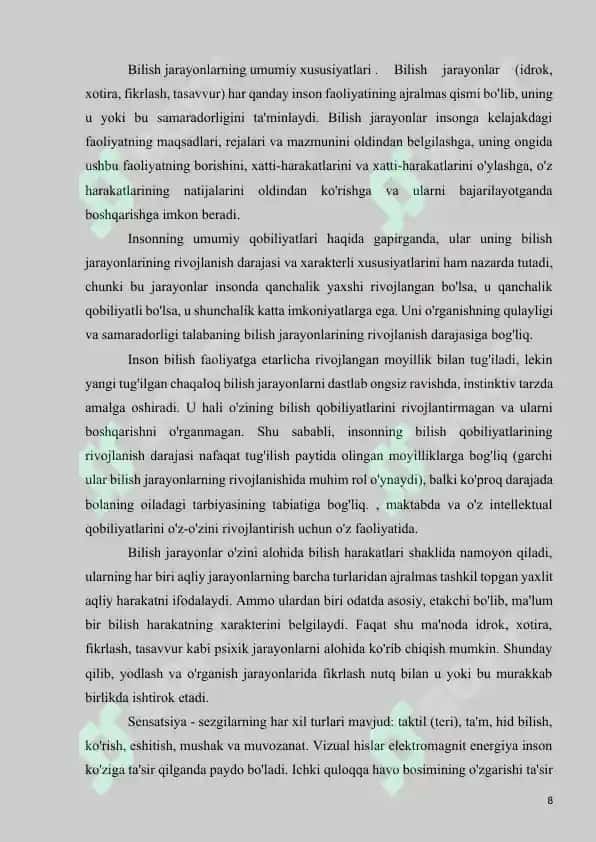 Bilish jarayonlari psixodiagnostikasi va rivojlantirish usullari 8