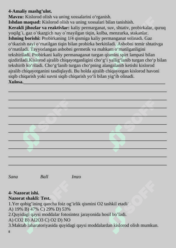 7-sinf nazorat ishi kimyo 2024 8