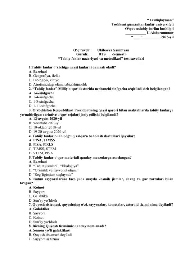 Tabiiy fanlar nazariyasi va metodikasi test savollari