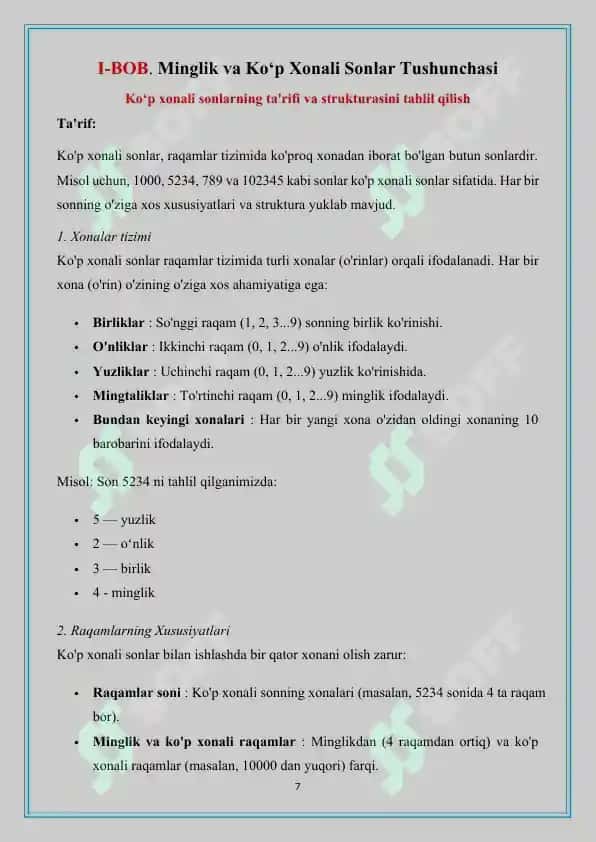 Minglik va koʻp xonali sonlar kontsentrida 7