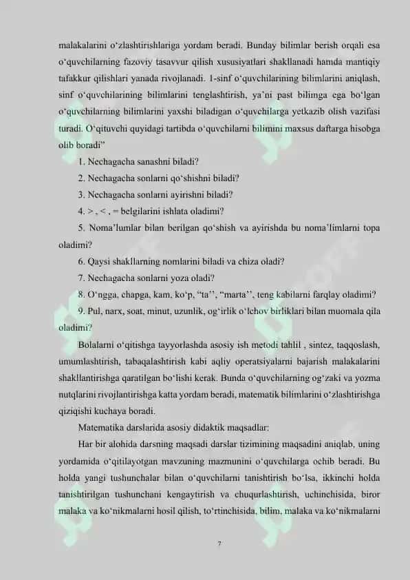 Boshlang’ich sinfda matematika o’qitishda algebra elementlarni o’rgatish metodikasi 7