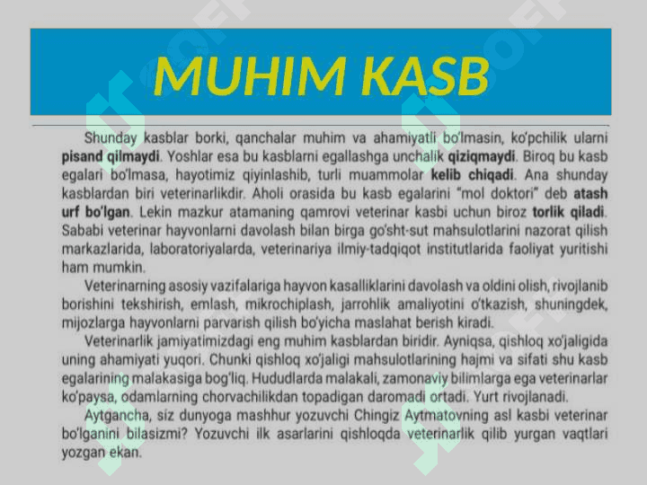 Matn oʻqish. “Muhim kasb”. Atamalar. Feʼl zamonlari 4