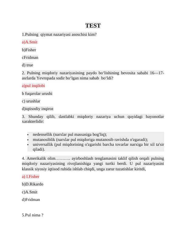 PULNING MIQDORIY NAZARIYASI TUZILGAN TEST SAVOLLARI