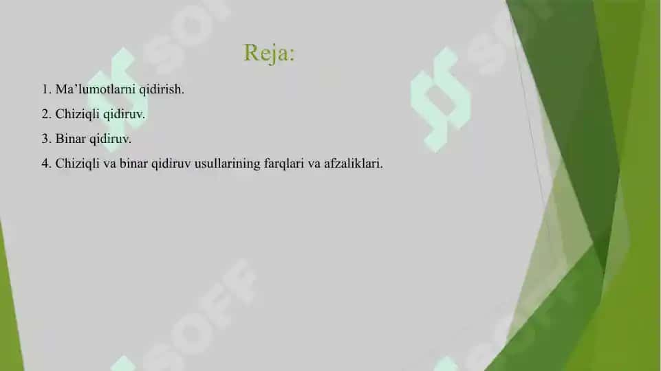 Qidirish usullari samaradorligi va optimallashtirish. 2