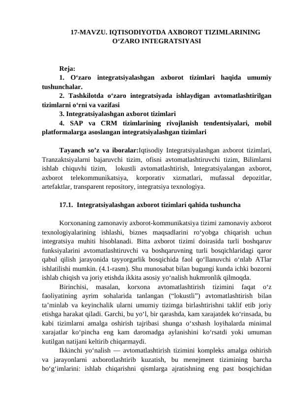 IQTISODIYOTDA AXBOROT TIZIMLARINING O‘ZARO INTEGRATSIYASI