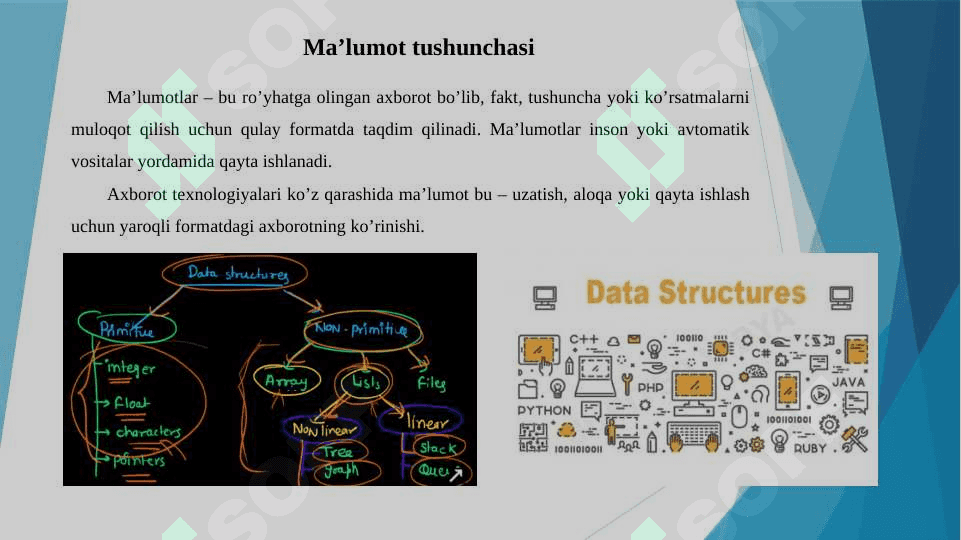 Ma’lumotlar, algoritmlar va ma’lumotlar tuzilmasi tushunchalari 4