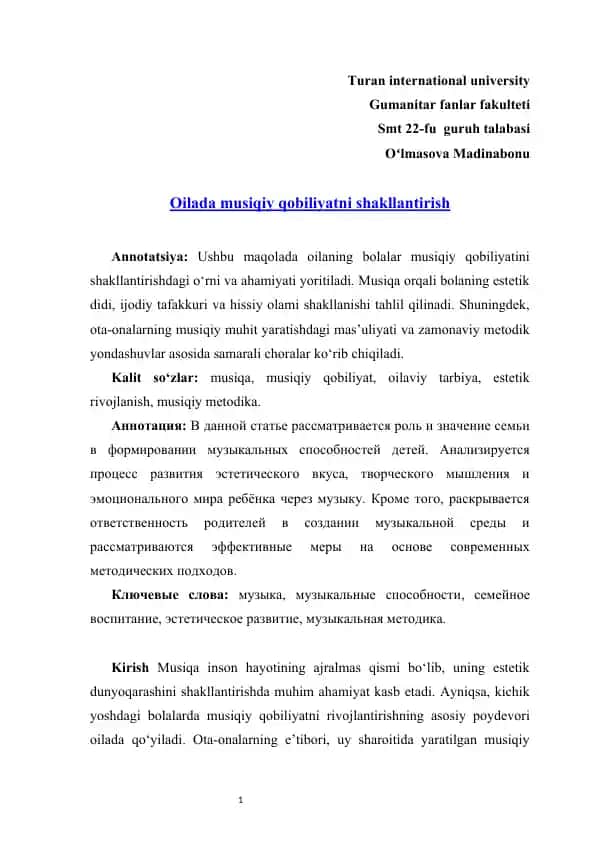 Oilada musiqiy qobiliyatni shakllantirish
