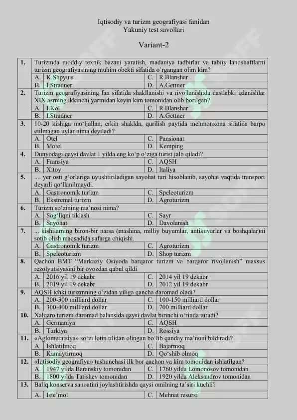 Turizm geografiyasi test savollari 3