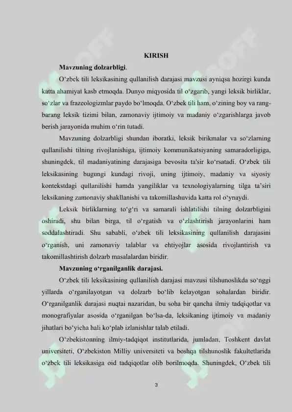 O‘zbek Tili Leksikasining Qullanilish Darajasi Kurs ishi 3