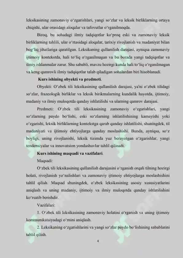 O‘zbek Tili Leksikasining Qullanilish Darajasi Kurs ishi 4