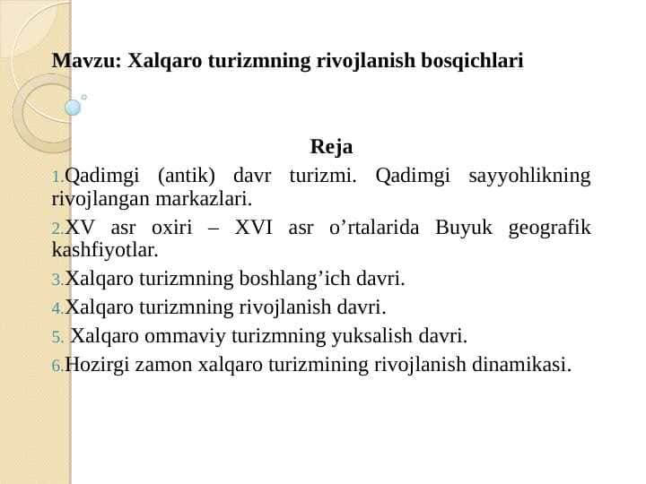 Xalqaro turizmning rivojlanish bosqichlari