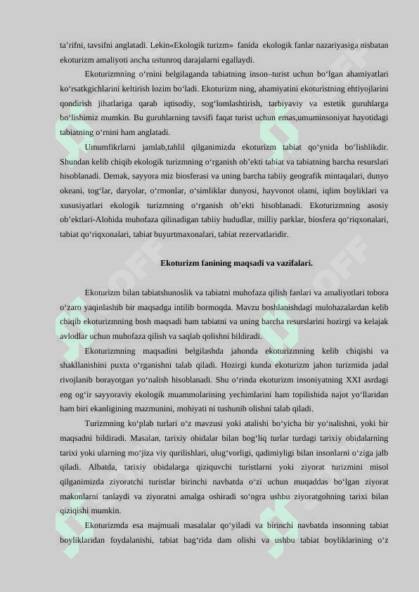 “Ekoturizm” fanining maqsadi va vazifalari, tarifi. 4
