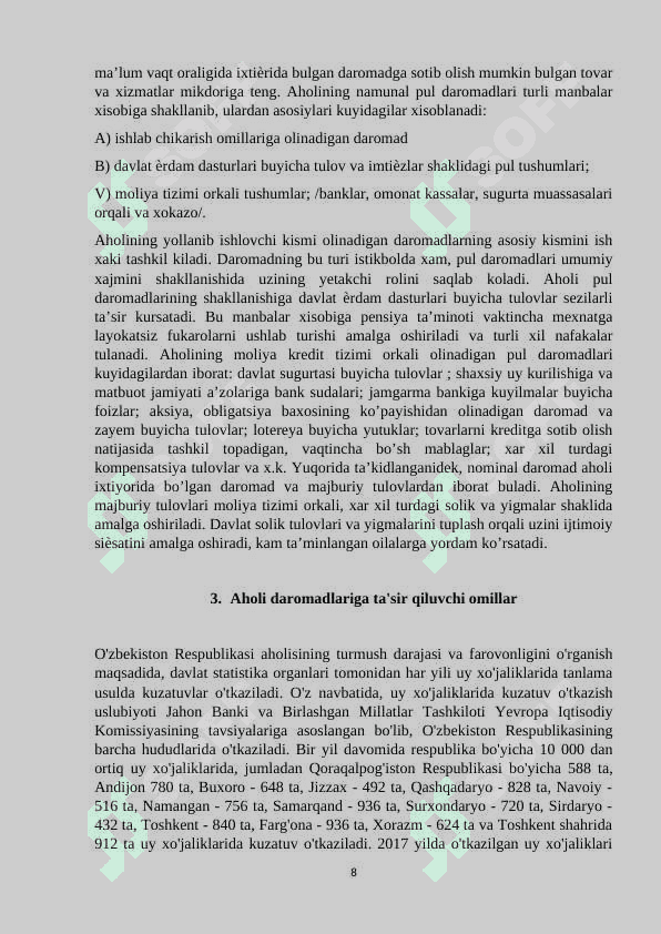 Aholi daromadlari , uning turlari va shakllanish manbalari . 8