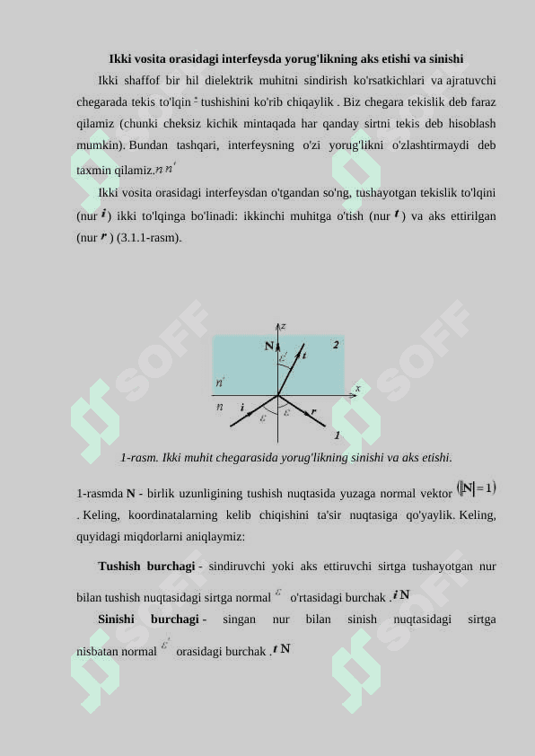 Ikki muhit o'rtasidagi interfeysdagi to'lqin hodisalari. Snellius qonunlari 2