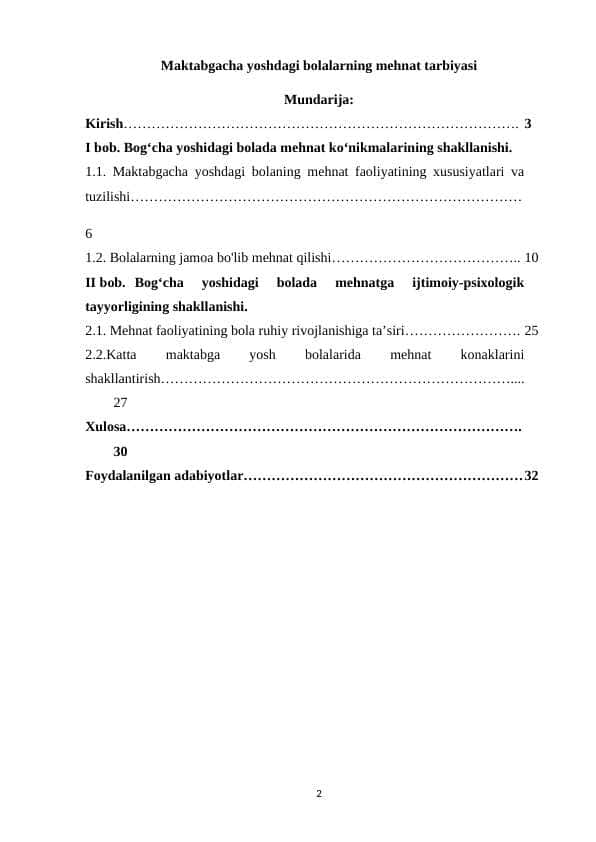 Maktabgacha yoshdagi bolalarning mehnat tarbiyasi