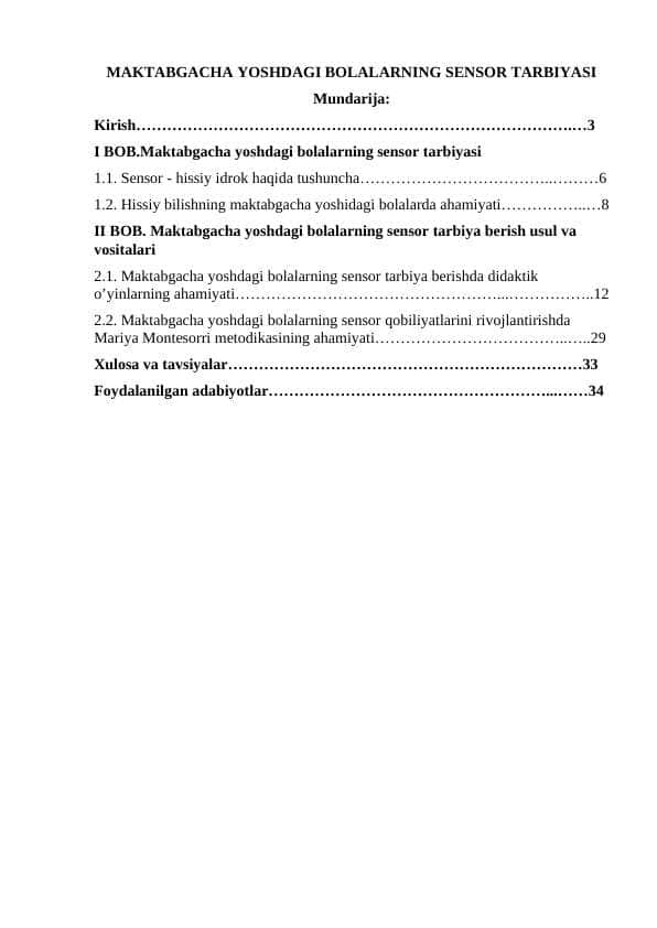MAKTABGACHA YOSHDAGI BOLALARNING SENSOR TARBIYASI