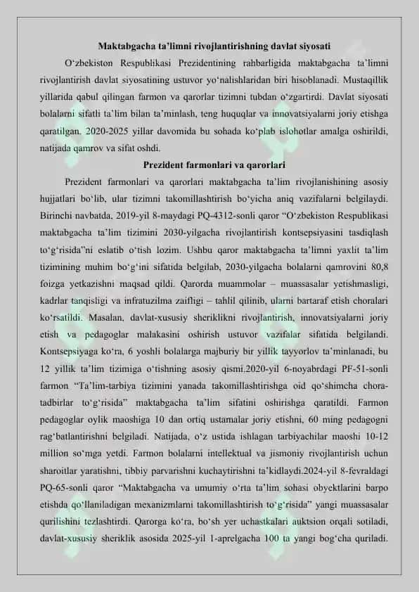 Maktabgacha ta’lim tizimini rivojlantirishning ustuvor yo‘nalishlari 7