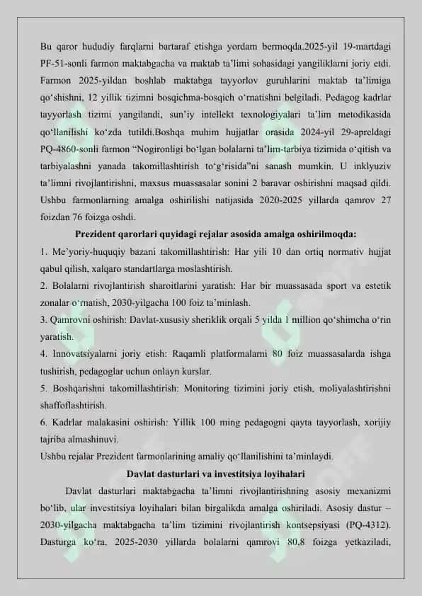 Maktabgacha ta’lim tizimini rivojlantirishning ustuvor yo‘nalishlari 8