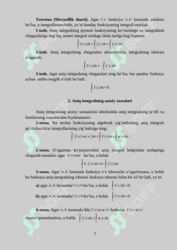 Aniq integral ta’rifi (Riman yig’indilari). O’rta qiymat haqidagi teorema 3
