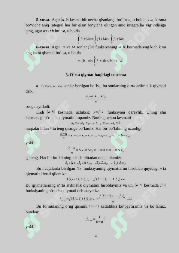 Aniq integral ta’rifi (Riman yig’indilari). O’rta qiymat haqidagi teorema 4