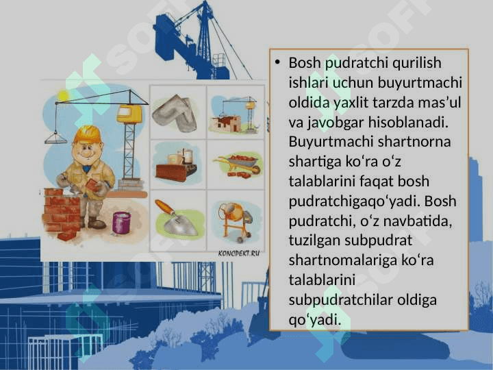 Qurilish ishlarini bajarishda bosh pudratchi va sub’pudratchilar o’rtasidagi hisob-kitoblarning hisobi. 4