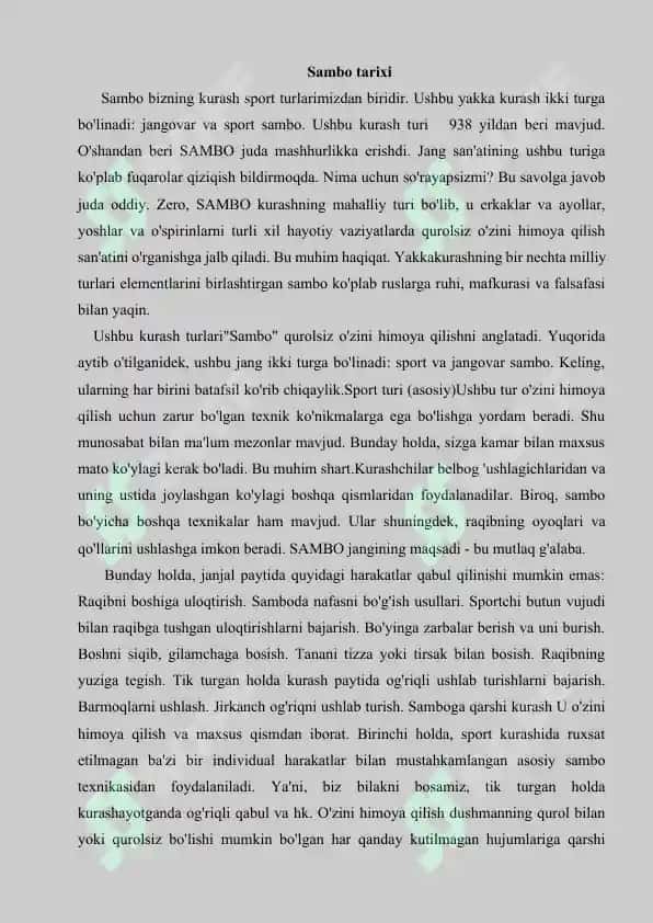 Sambo kurashining rivojlanishi tarixi va qoidalari 2