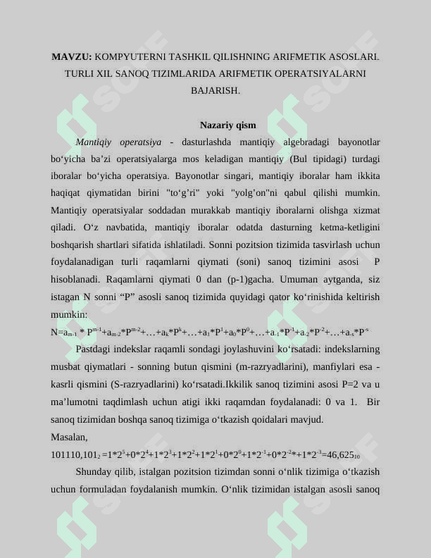 KOMPYUTERNI TASHKIL QILISHNING ARIFMETIK ASOSLARI 2