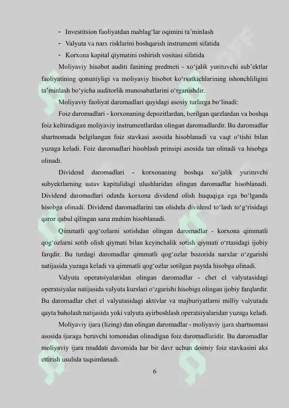 Moliyaviy faoliyat bo'yicha olingan daromadlar auditi va ularning tahlil 5
