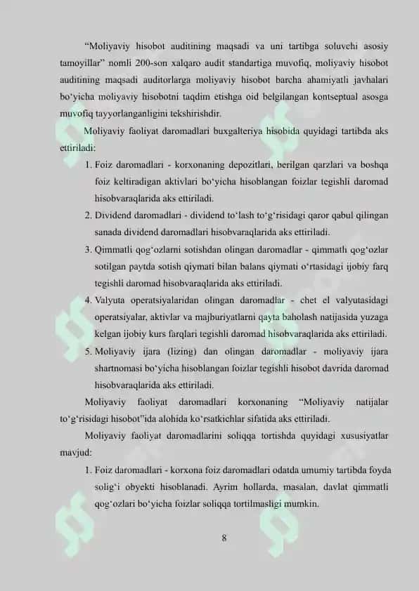 Moliyaviy faoliyat bo'yicha olingan daromadlar auditi va ularning tahlil 7